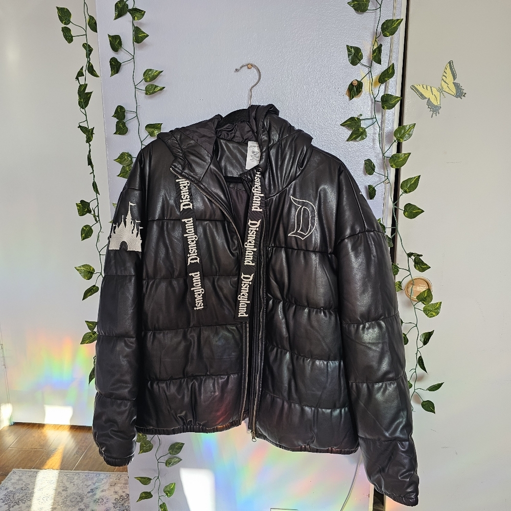 Disneyland Black Quilted Faux-Leather Puffer Jacket
